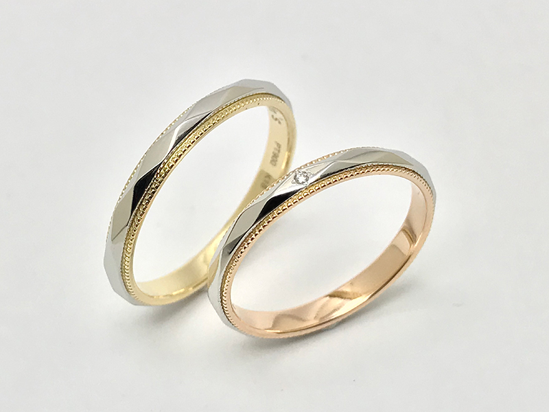 K18&PT900オーダーメイドミル打ち結婚指輪